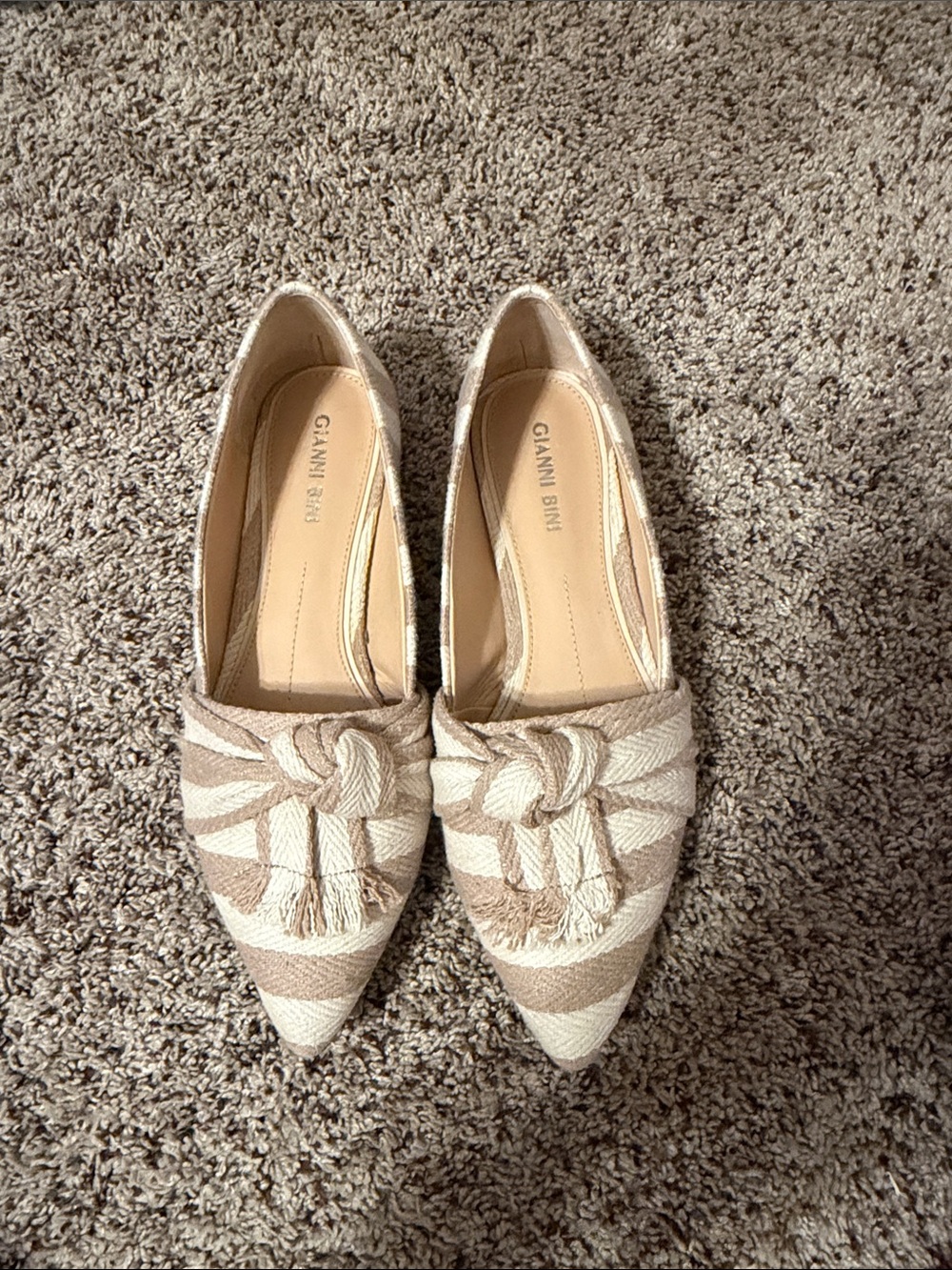 Gianni Bini Cream and Beige Striped Pointed-Toe Knot Tassel Flats